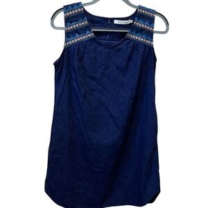 Solitaire Navy Blue Embroidered Sleeveless Shift‎ Dress Boho Geometric Pockets M